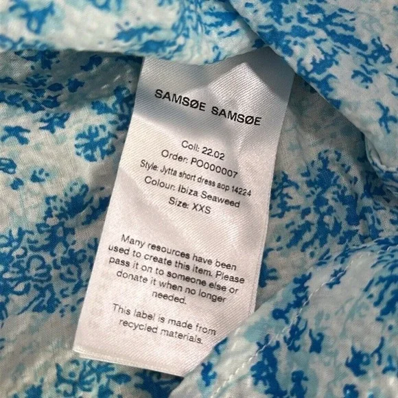 Samsoe Womens Jytta Short Dress XXS Blue Floral Cottage Ruffle Collar Cotton NEW